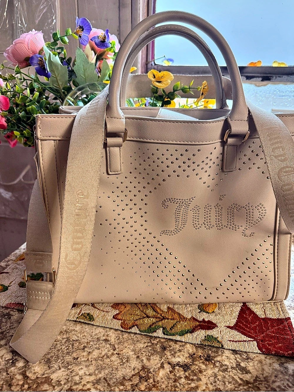 Juicy Couture Rhinestone Logo Tote in Beige